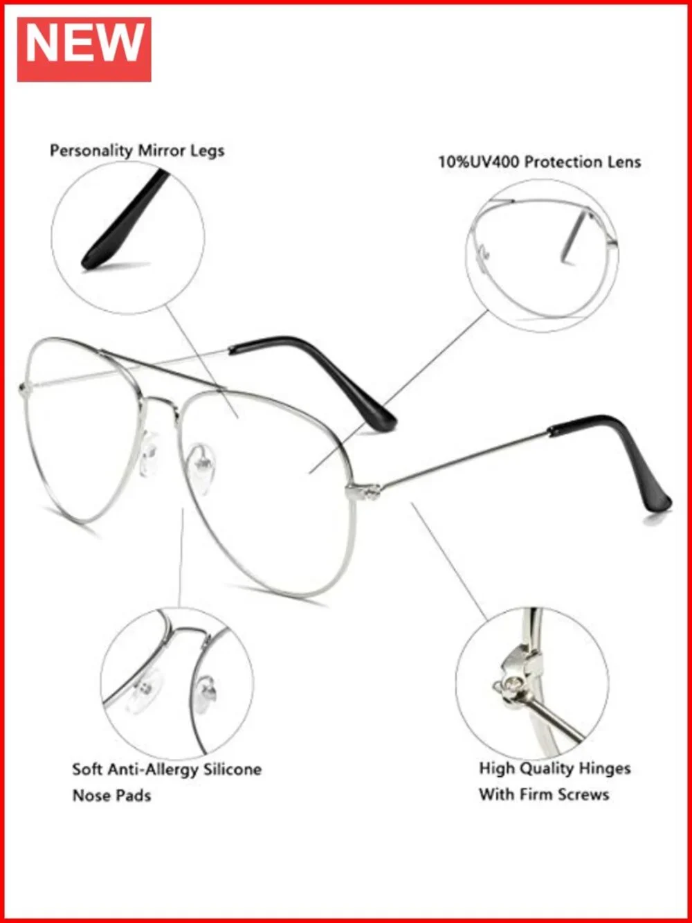 Classic Aviator Eyeglasses with Metal Frame, Clear Lens for Fashion or Outdoor
